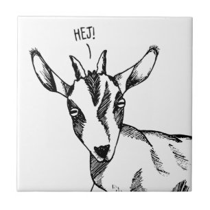 Black & White Drawing of Small Goat saying "Hej!" Ceramic Tile