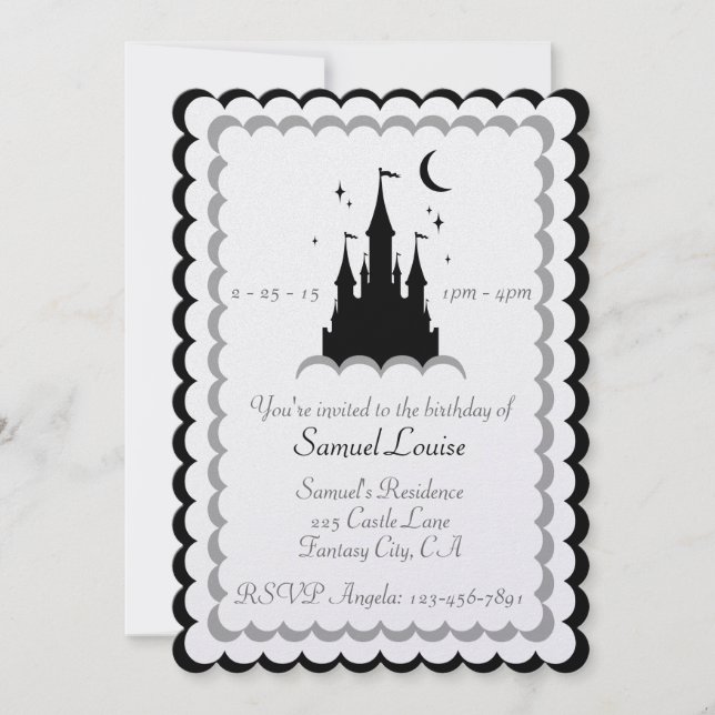 Black White Dream Castle In The Clouds Birthday Invitation (Front)