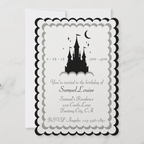 Black White Dream Castle In The Clouds Birthday Invitation