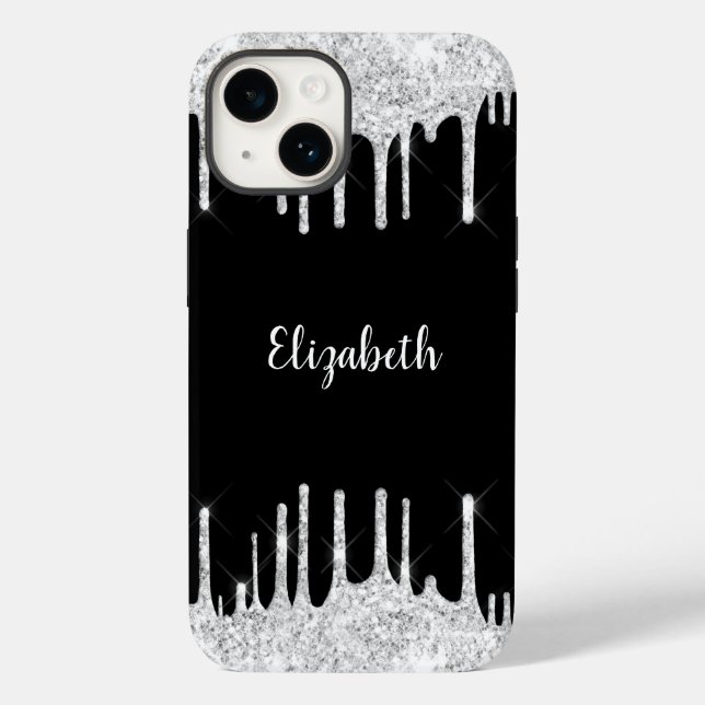 Black White Dripping Glitter Silver Monogram Case-Mate iPhone Case (Back)