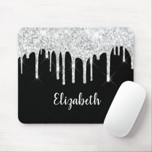 Black White Dripping Glitter Silver Monogram Mouse Pad