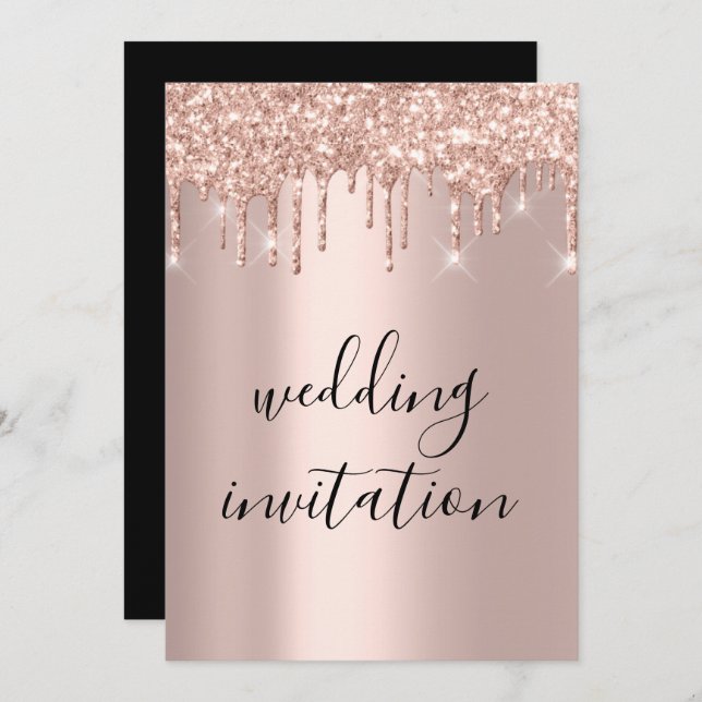 Black White Drips Rose Gold Wedding Sparkly Invitation (Front/Back)