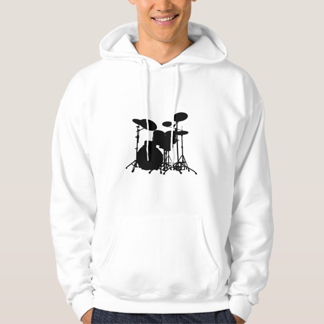 Black & White Drum Kit Silhouette - Drummers Hoodie (Front)