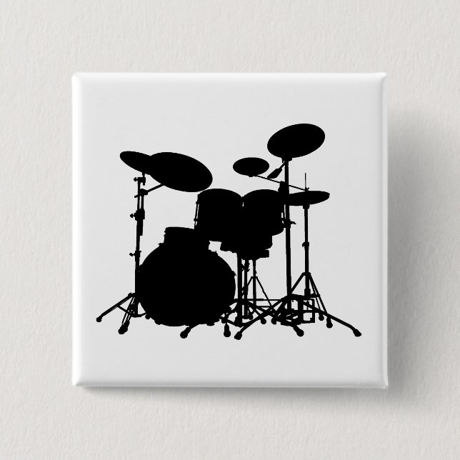 Black & White Drum Kit Silhouette - For Drummers Button (Front)
