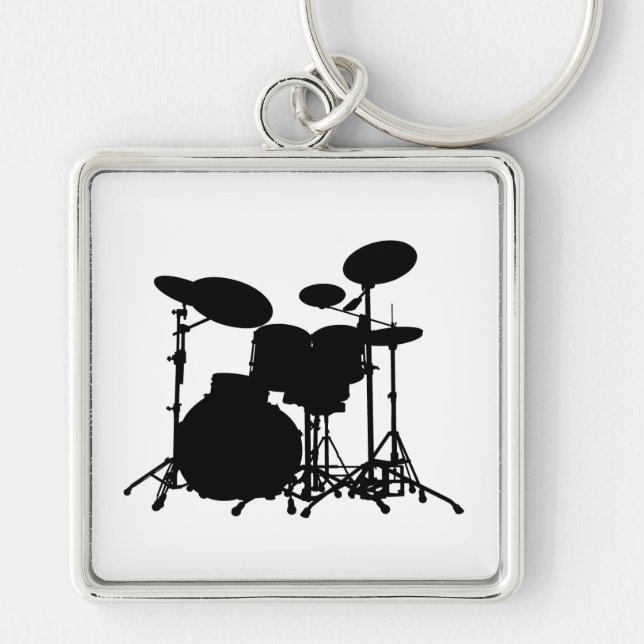 Black & White Drum Kit Silhouette - For Drummers Keychain (Front)