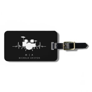 Black White Drums Heartbeat Drummer Monogram  Luggage Tag