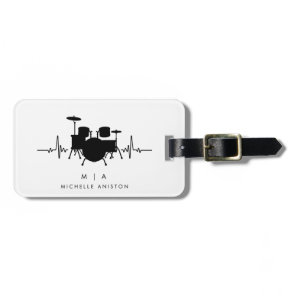 Black White Drums Heartbeat Drummer Monogram  Luggage Tag