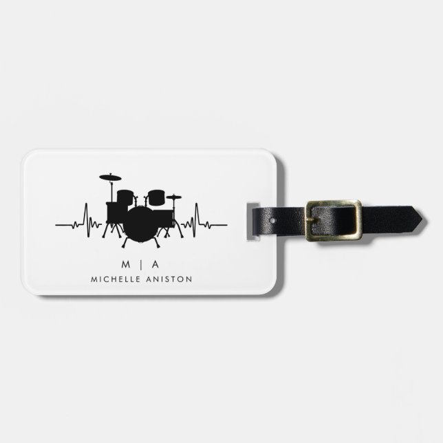 Black White Drums Heartbeat Drummer Monogram  Luggage Tag (Front Horizontal)