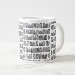 Black White Dutch Houses Amsterdam Pattern Minimal Giant Coffee Mug