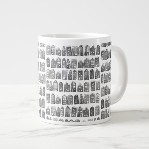 Black White Dutch Houses Amsterdam Pattern Minimal Giant Coffee Mug
