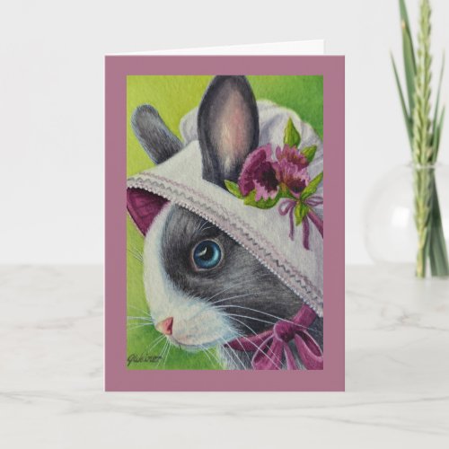 Black White Dutch Rabbit in Bonnet Watercolor Art Card