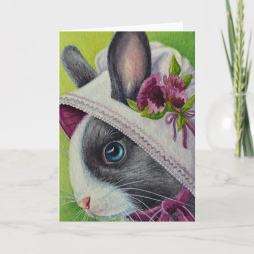 Black White Dutch Rabbit in Bonnet Watercolor Art Card