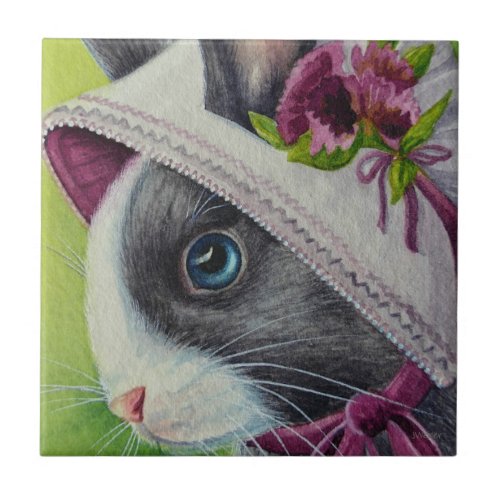 Black White Dutch Rabbit in Bonnet Watercolor Art Ceramic Tile