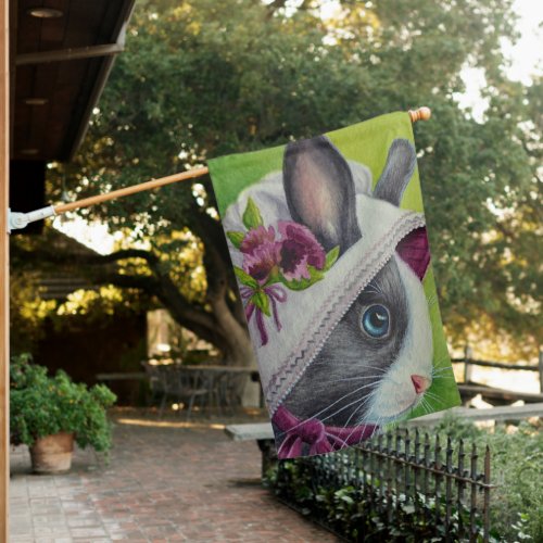Black White Dutch Rabbit in Bonnet Watercolor Art  House Flag
