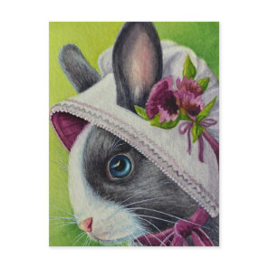 Black White Dutch Rabbit in Bonnet Watercolor Art Postcard