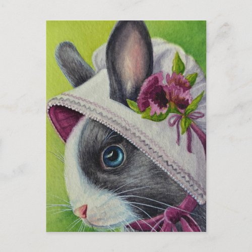 Black White Dutch Rabbit in Bonnet Watercolor Art Postcard