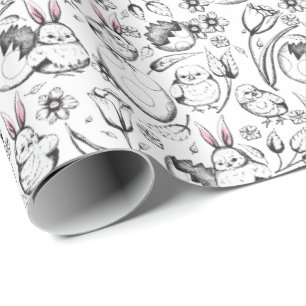 Black & White Easter Eggs, Chicks & Spring Flowers Wrapping Paper