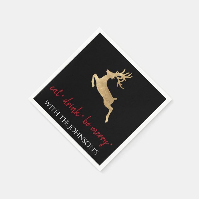 Black White Eat Drink Be Merry Red Gold Deer Napkins (Corner)