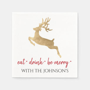 Black White Eat Drink Be Merry Red Gold Reinadeer Napkins