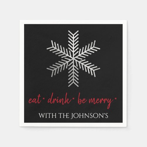 Black White Eat Drink Be Merry Red Lux Snowflake Napkins
