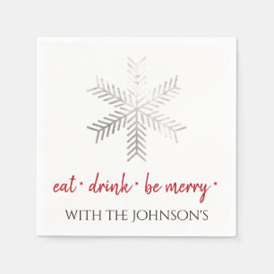 Black White Eat Drink Be Merry Red SilverSnowflake Napkins