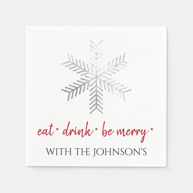 Black White Eat Drink Be Merry Red SilverSnowflake Napkins (Front)