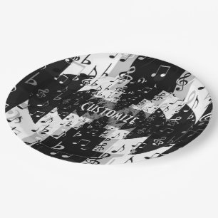 Black & White Echo Music Notes Paper Plates