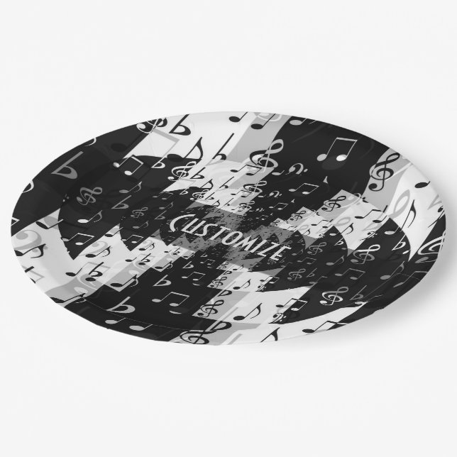 Black & White Echo Music Notes Paper Plates (Angled)