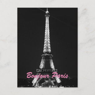 Black White Eiffel Tower Bonjour Paris Night Postcard
