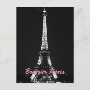 Black White Eiffel Tower Bonjour Paris Night Postcard