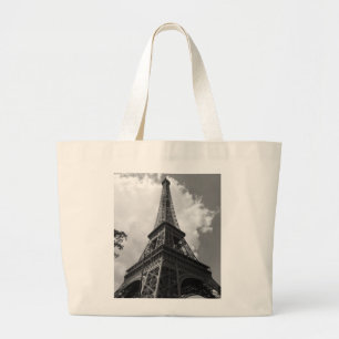 Black & White Eiffel Tower in Paris Large Tote Bag