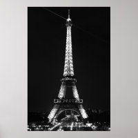 Black White Eiffel Tower in Paris Night Poster