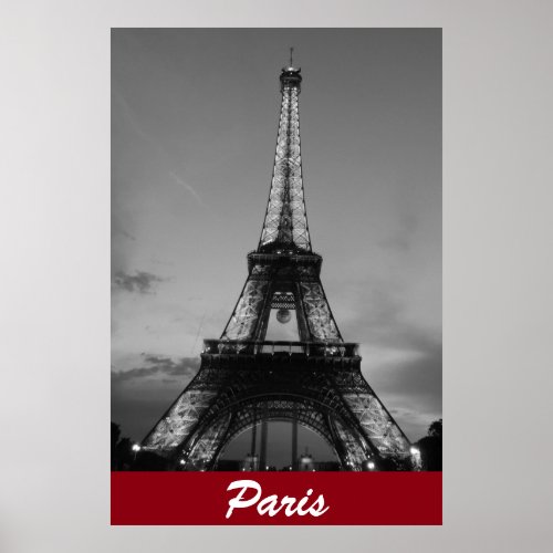 Black  White Eiffel Tower in Paris Night Poster