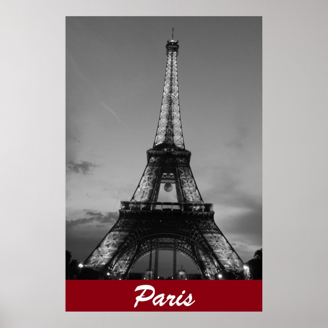 Black & White Eiffel Tower in Paris Night Poster (Front)