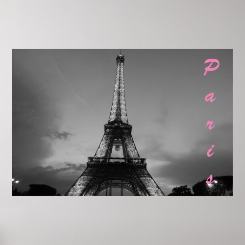 Black  White Eiffel Tower in Paris Night Poster