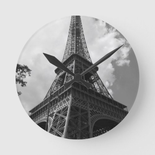 Black  White Eiffel Tower in Paris Round Clock