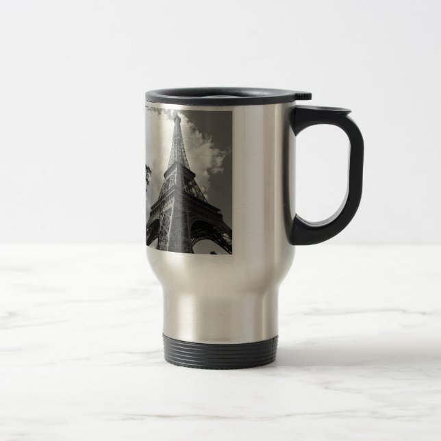 Black & White Eiffel Tower in Paris Travel Mug (Right)
