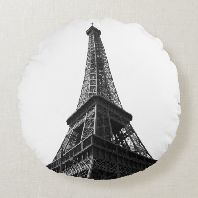 Black & White Eiffel Tower Paris European Travel Round Pillow (Front)