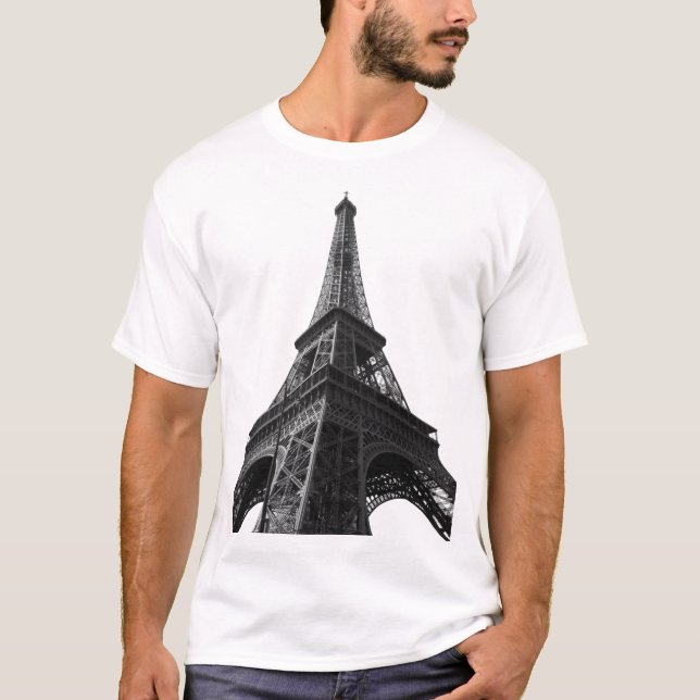 Black & White Eiffel Tower Paris European Travel T-Shirt (Front)