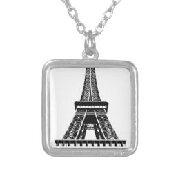 Black white Eiffel Tower Paris France Art Artwork Silver Plated Necklace