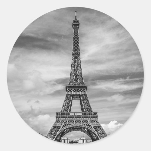 Black  White Eiffel Tower Paris France Classic Round Sticker