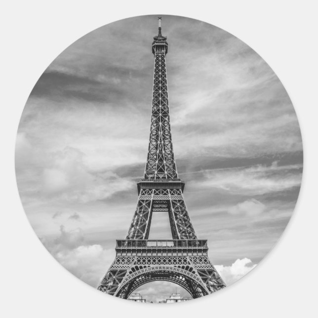 Black & White Eiffel Tower Paris France Classic Round Sticker (Front)