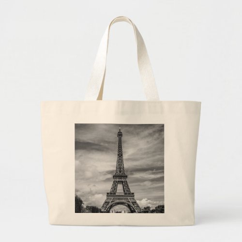 Black  White Eiffel Tower Paris France Large Tote Bag