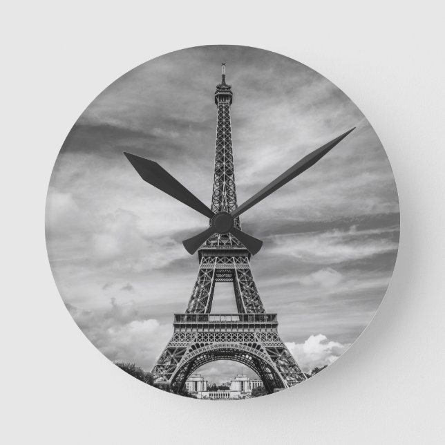 Black & White Eiffel Tower Paris France Round Clock (Front)