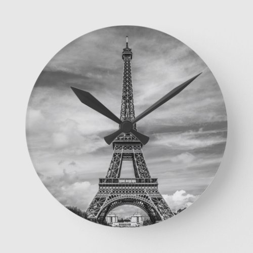 Black  White Eiffel Tower Paris France Round Clock