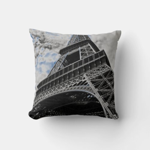 Black White Eiffel Tower Paris French Travel Throw Pillow