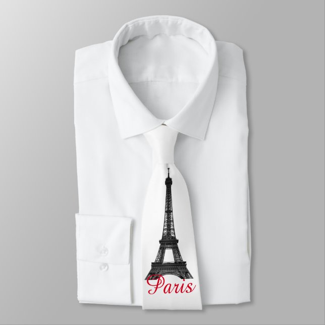 Black White Eiffel Tower Paris Love City Travel Neck Tie (Tied)