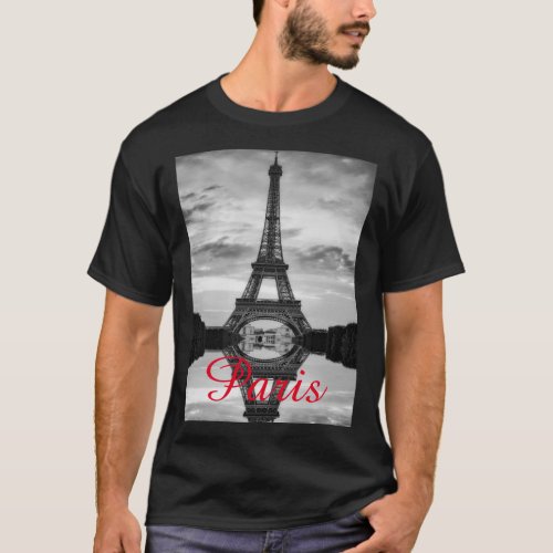 Black White Eiffel Tower Paris Love City Travel T_Shirt
