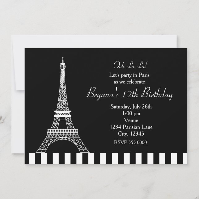 Black White Eiffel Tower Paris Party Invitation (Front)