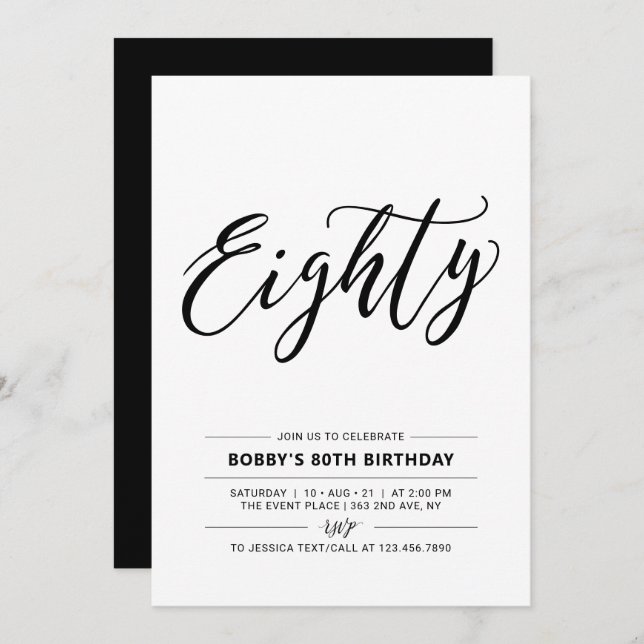 Black & White Eighty Minimal 80th Birthday Party Invitation (Front/Back)
